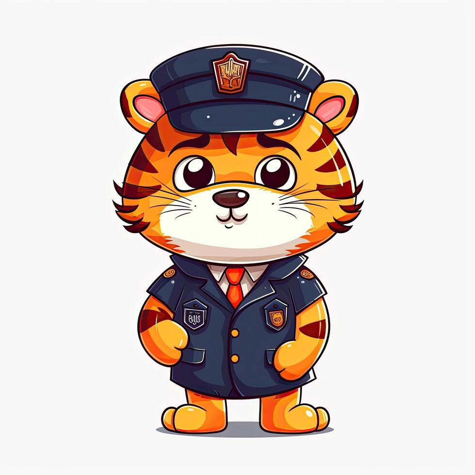 Tiger Polizist Karikatur. Tiger Jungtier tragen Polizei Kleider. Tiger Polizei Karikatur Design auf Weiß Hintergründe. Karikatur Zeichen und Tiger Jungen mit glücklich Gesichter. Tiger Illustration Satz. ai generiert. foto