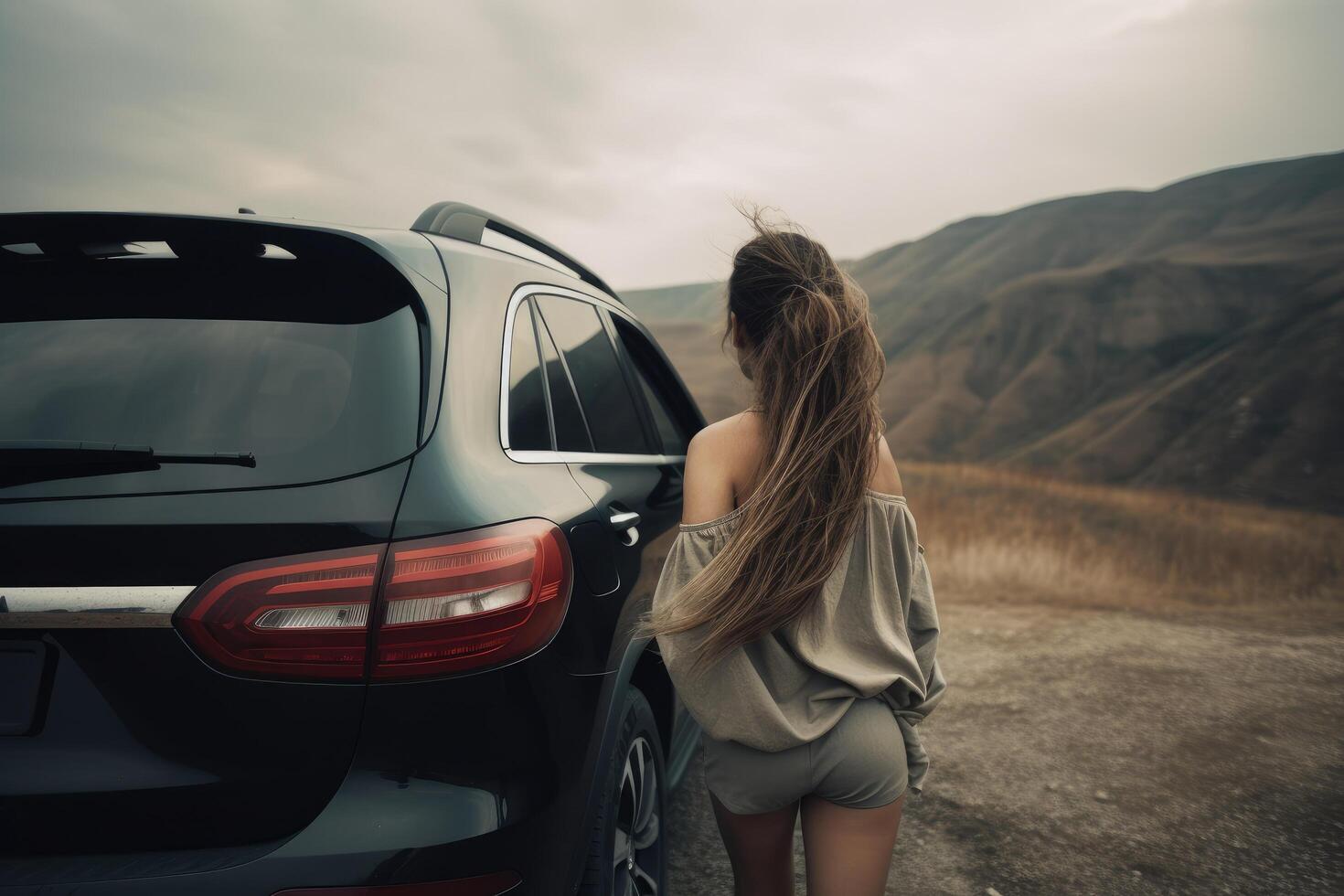 ein jung Frau ist Stehen durch das Auto und suchen beim das Berge, ein Mädchen Stehen neben ein suv Auto mit ein Natur Sicht, ai generiert foto