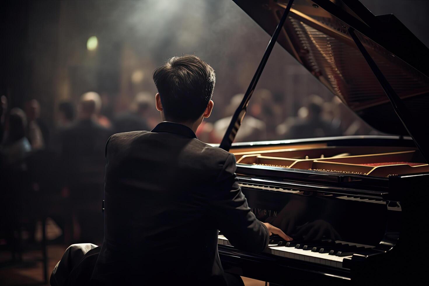 Rückseite Aussicht von ein männlich Pianist spielen ein großartig Klavier beim ein Konzert, ein Pianist spielen ein großartig Klavier mit Leidenschaft und Sachverstand, ai generiert foto