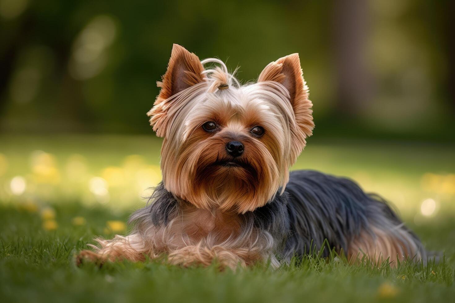 Porträt von ein süß Yorkshire Terrier Lügen im das Gras. ai generiert foto