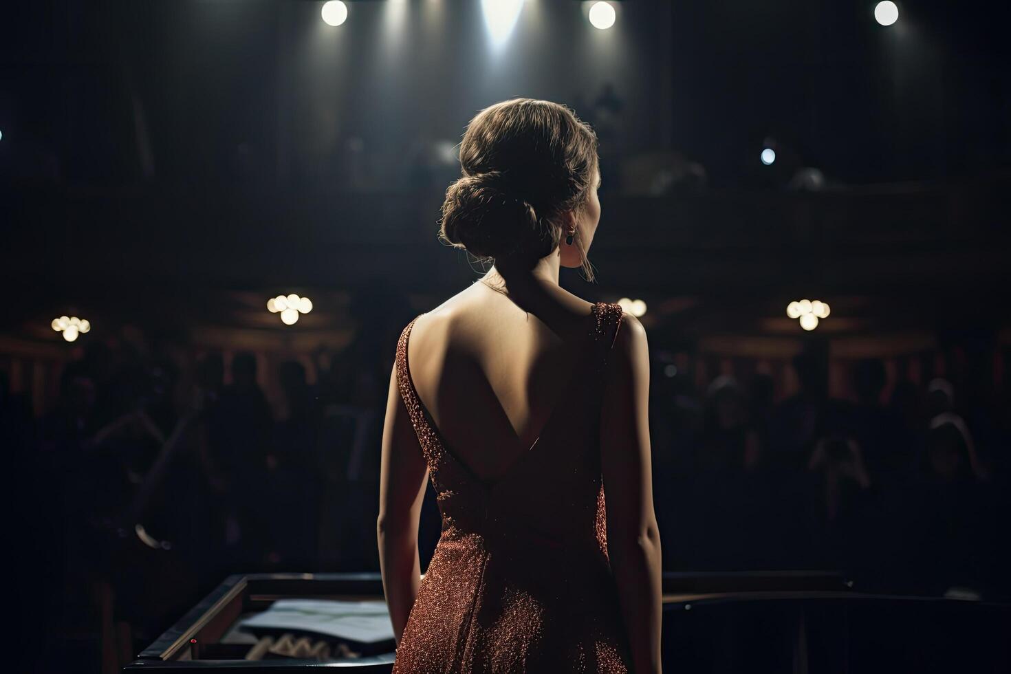 zurück Aussicht von schön jung Frau im Abend Kleid suchen Weg beim Nacht Verein, ein Oper Sänger voll Rückseite Aussicht Singen im Vorderseite von groß Publikum, ai generiert foto