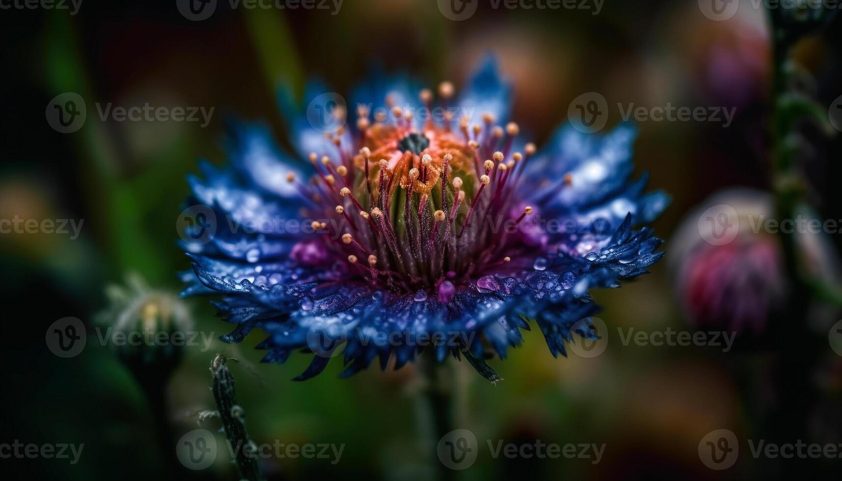 Scharf Kornblume Staubblatt im beschwingt lila, Gelb, und Blau Muster generiert durch ai foto