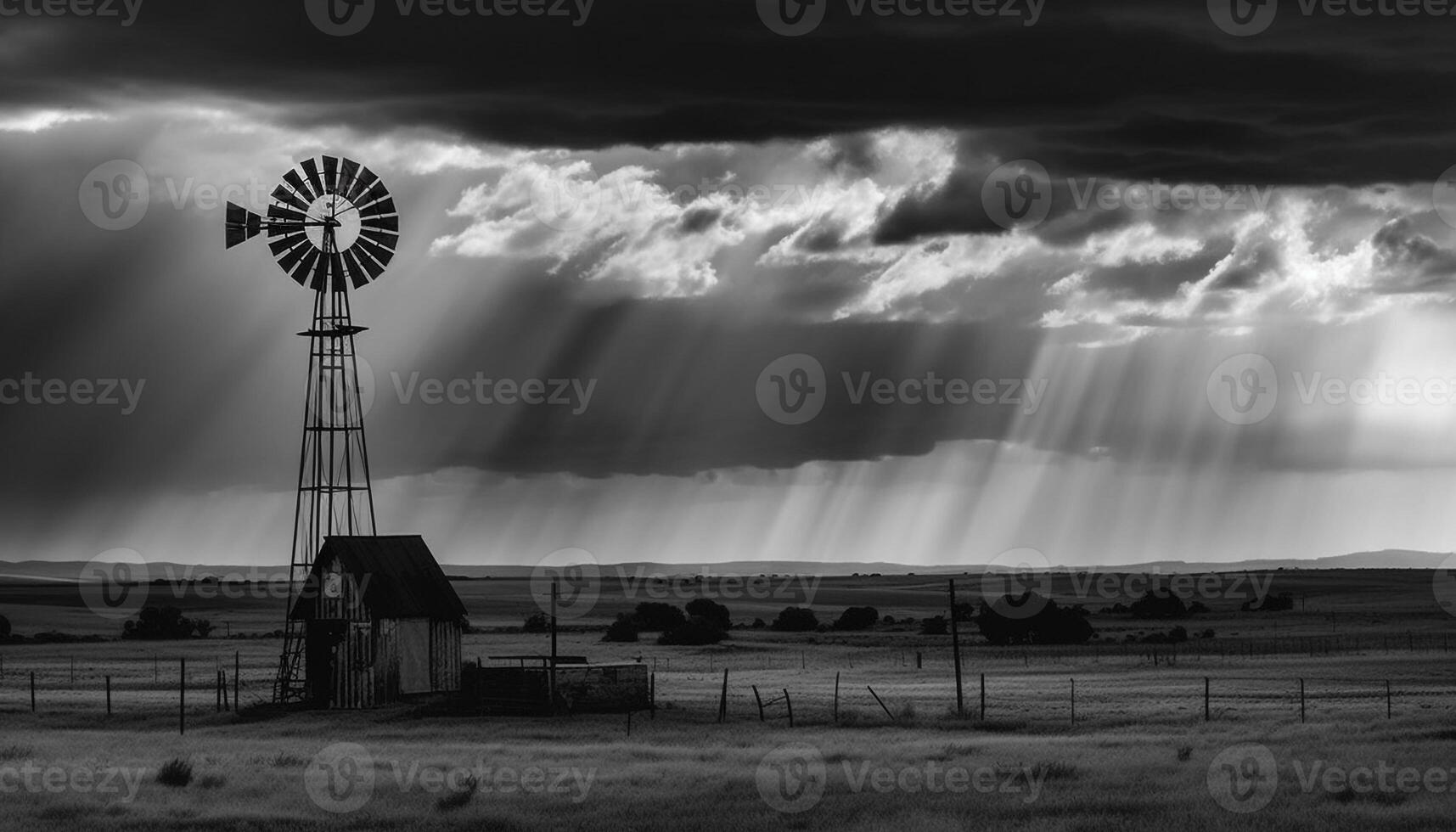 Silhouette Windmühle erzeugt Alternative Energie im still ländlich Landschaft generiert durch ai foto