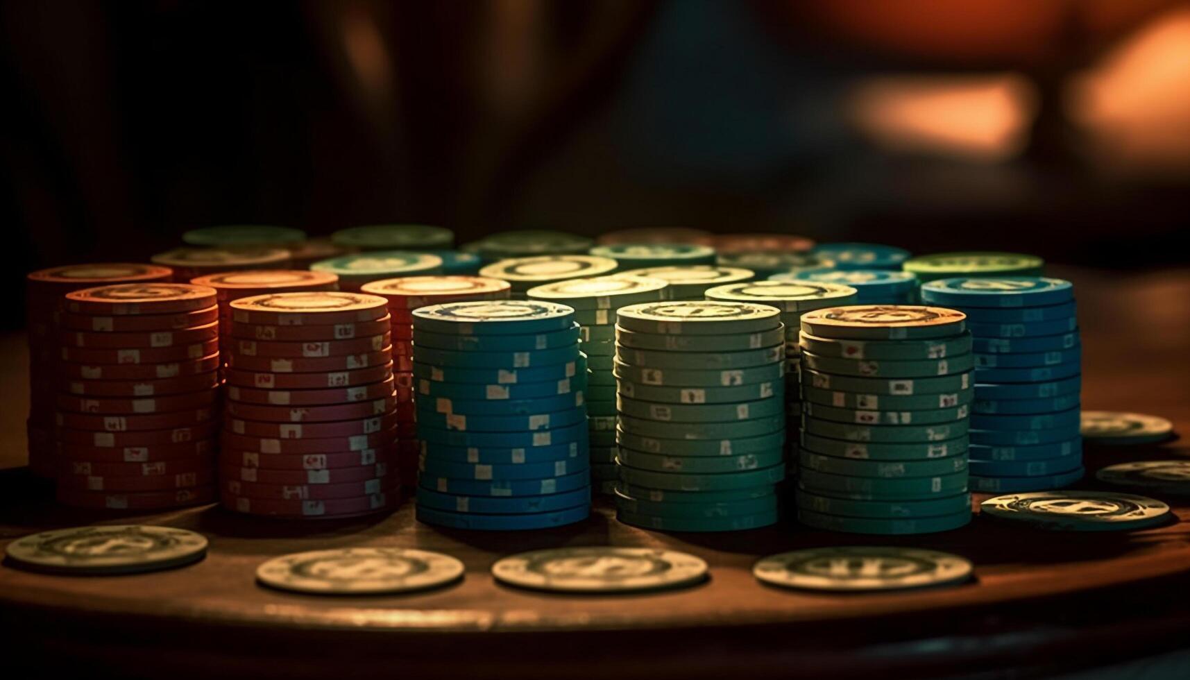 Stapel von Chips auf Tisch, Glück und Risiko im Glücksspiel generiert durch ai foto