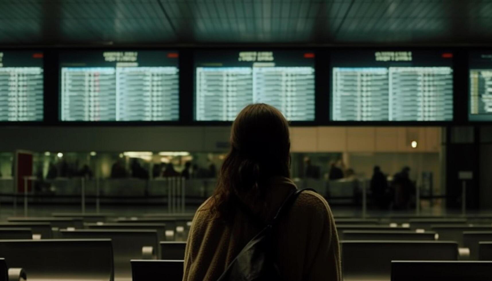 einer Person warten, Sitzung, Aufpassen, Verlassen Flughafen Abfahrt Bereich generiert durch ai foto