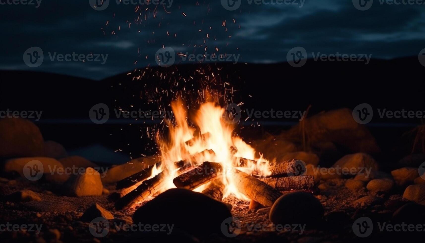 glühend Lagerfeuer Verbrennung hell im das dunkel Sommer- Nacht generiert durch ai foto