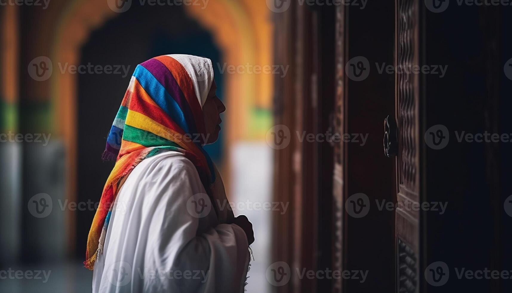 jung Erwachsene Frau tragen Hijab Stehen draußen im traditionell Kleidung generiert durch ai foto