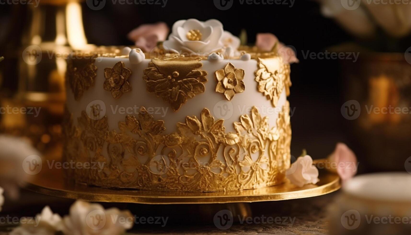 golden Kerze leuchtet aufwendig Hochzeit Dessert Tabelle mit Schokolade Genuss generiert durch ai foto