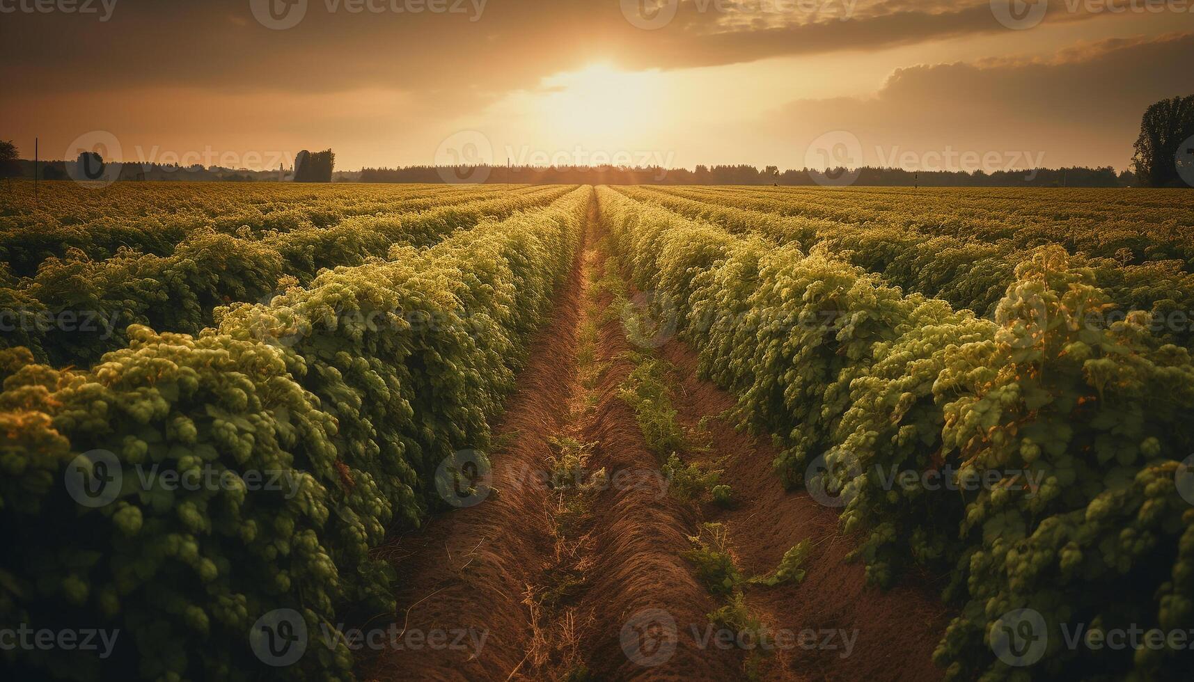 beschwingt Sonnenuntergang Über organisch Bauernhof, Wiese Wachstum im Herbst Jahreszeit generiert durch ai foto