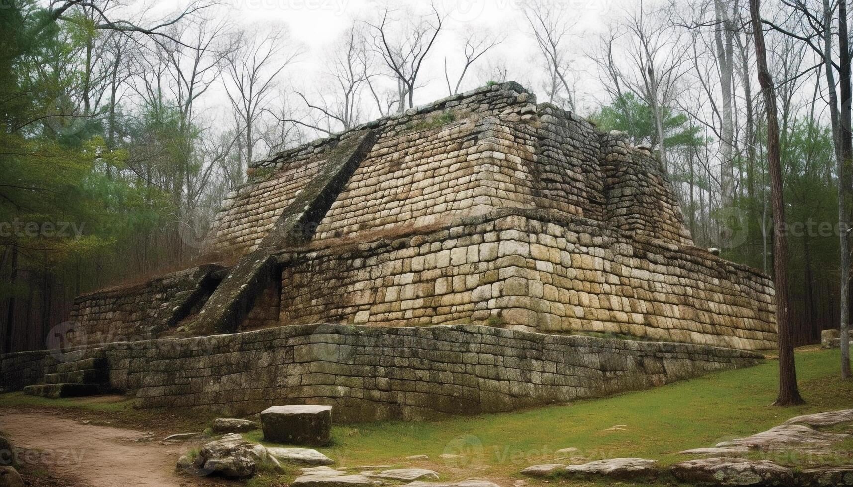 uralt Ruinen von ein berühmt Christian Monument im ein Wald generiert durch ai foto