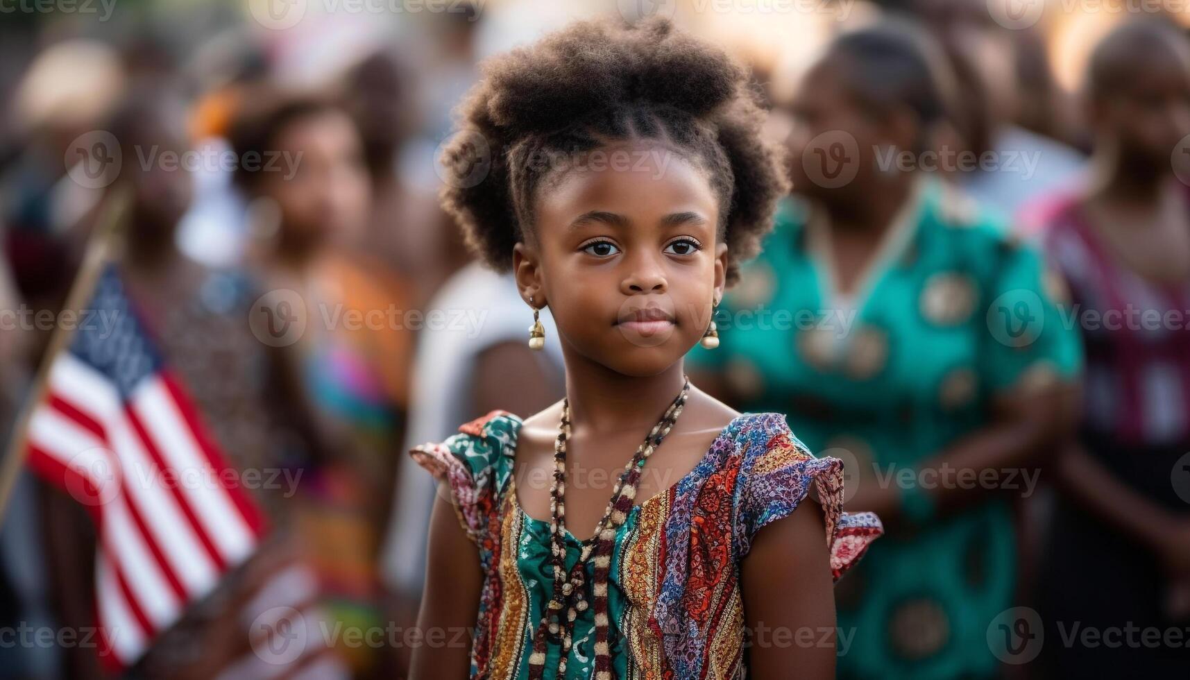 lächelnd afrikanisch Mädchen im traditionell Kleidung feiern einheimisch Kultur draußen generiert durch ai foto