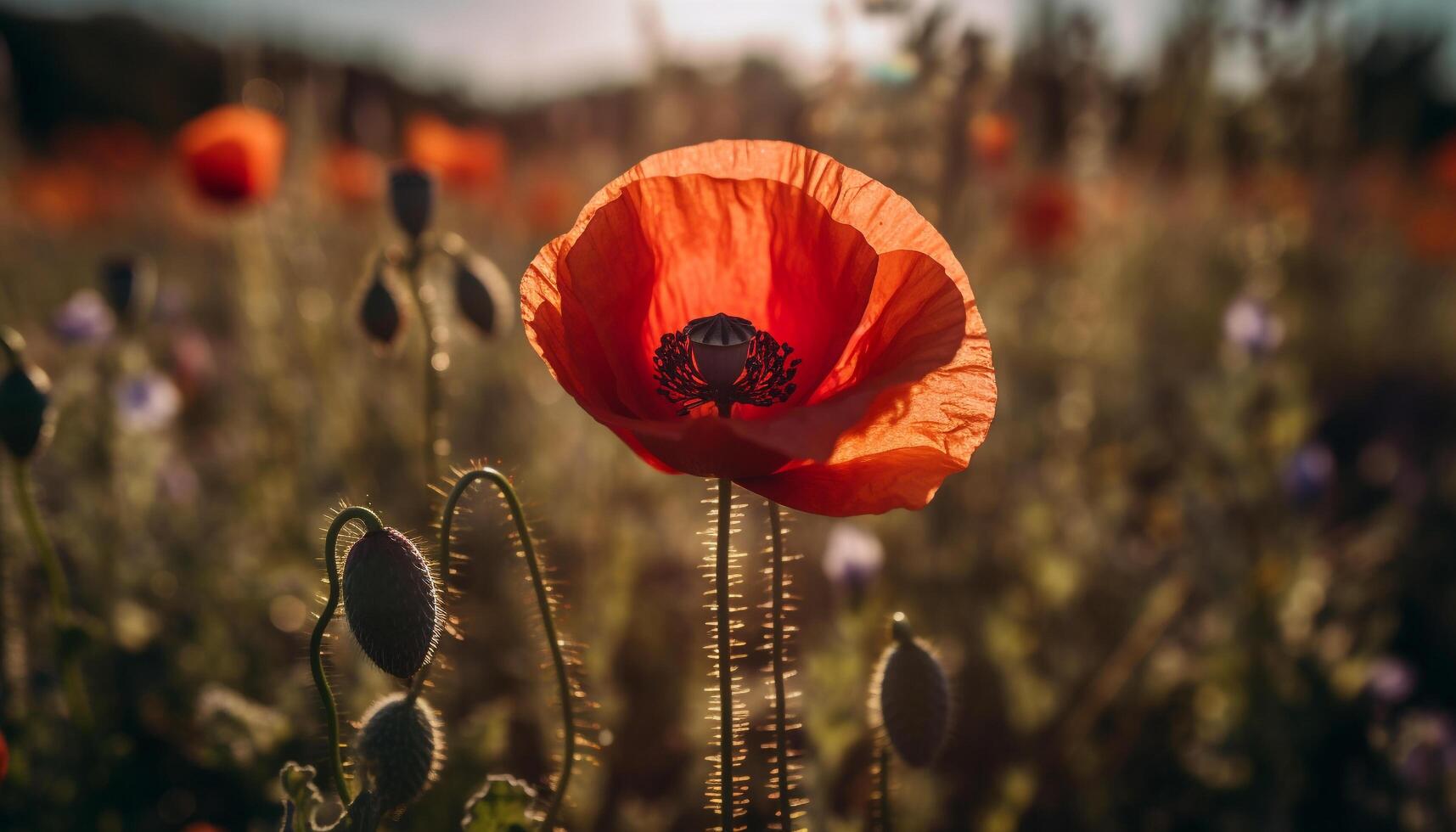 beschwingt Wildblume Wiese Vitrinen Natur Schönheit im ländlich Landschaft generiert durch ai foto