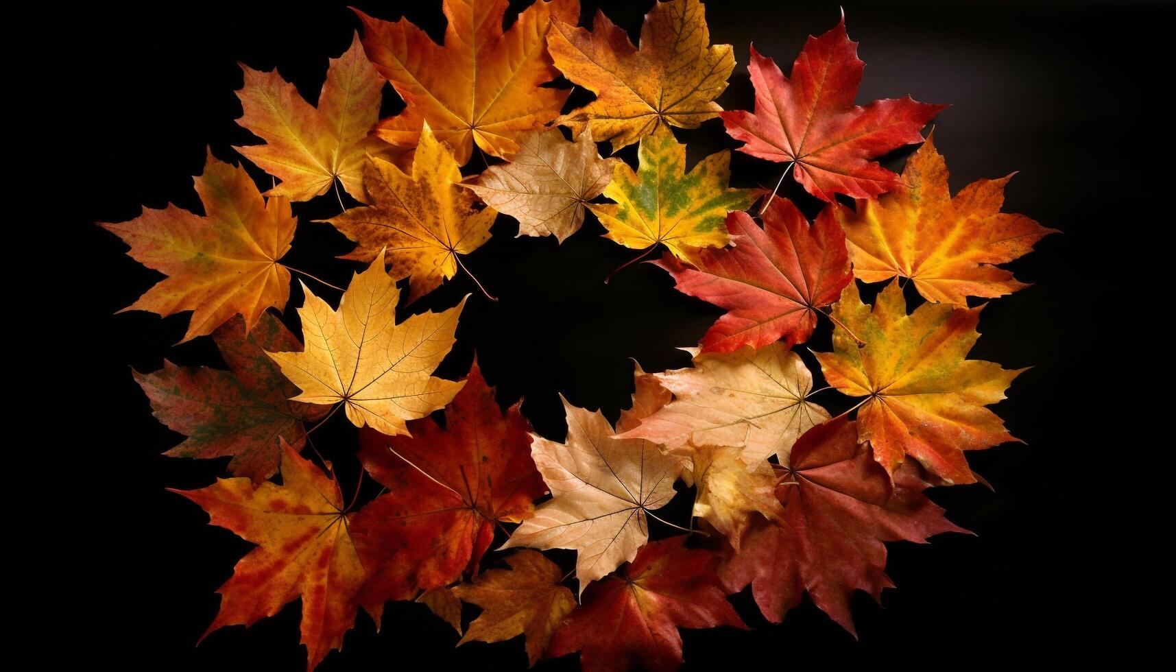 beschwingt Herbst Ahorn Baum Blätter auf schwarz Hintergrund generativ ai foto