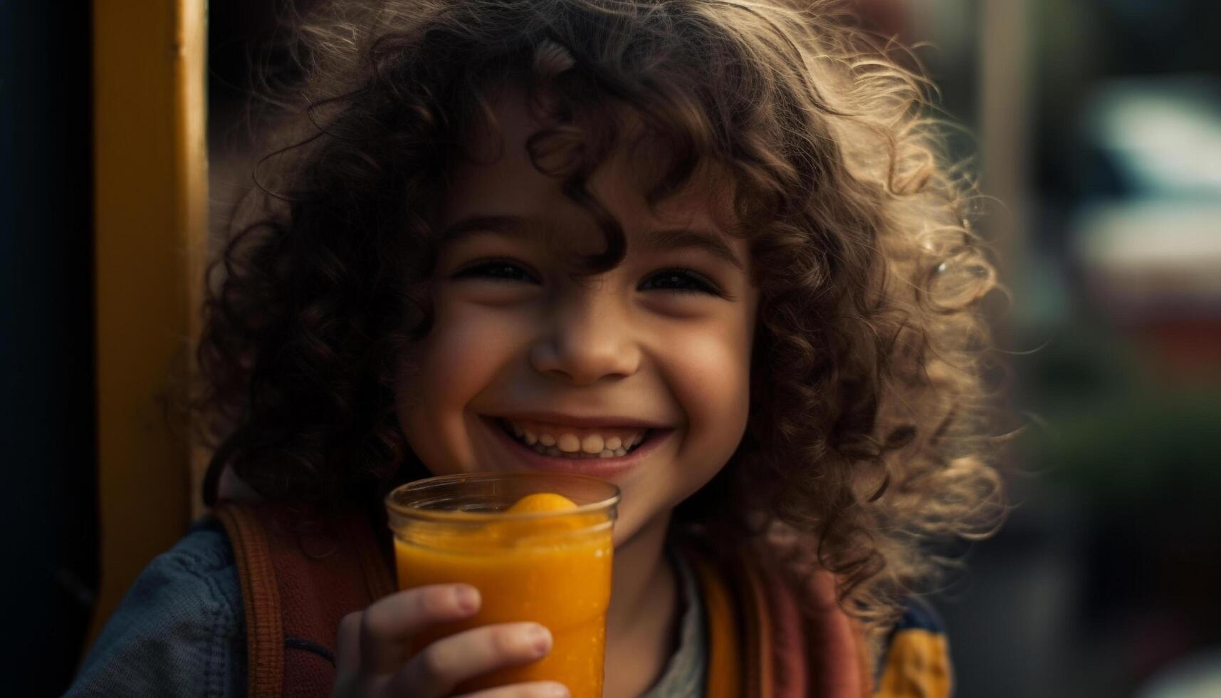 lächelnd Kind halten frisch Orange trinken draußen generativ ai foto