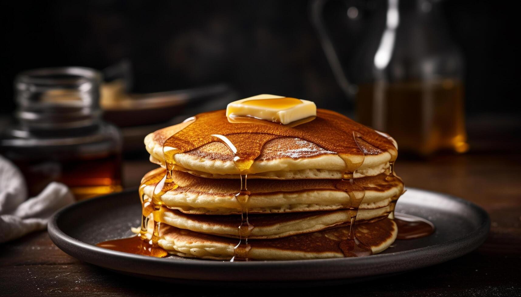 Stapel von hausgemacht Buttermilch Pfannkuchen mit Sirup generativ ai foto