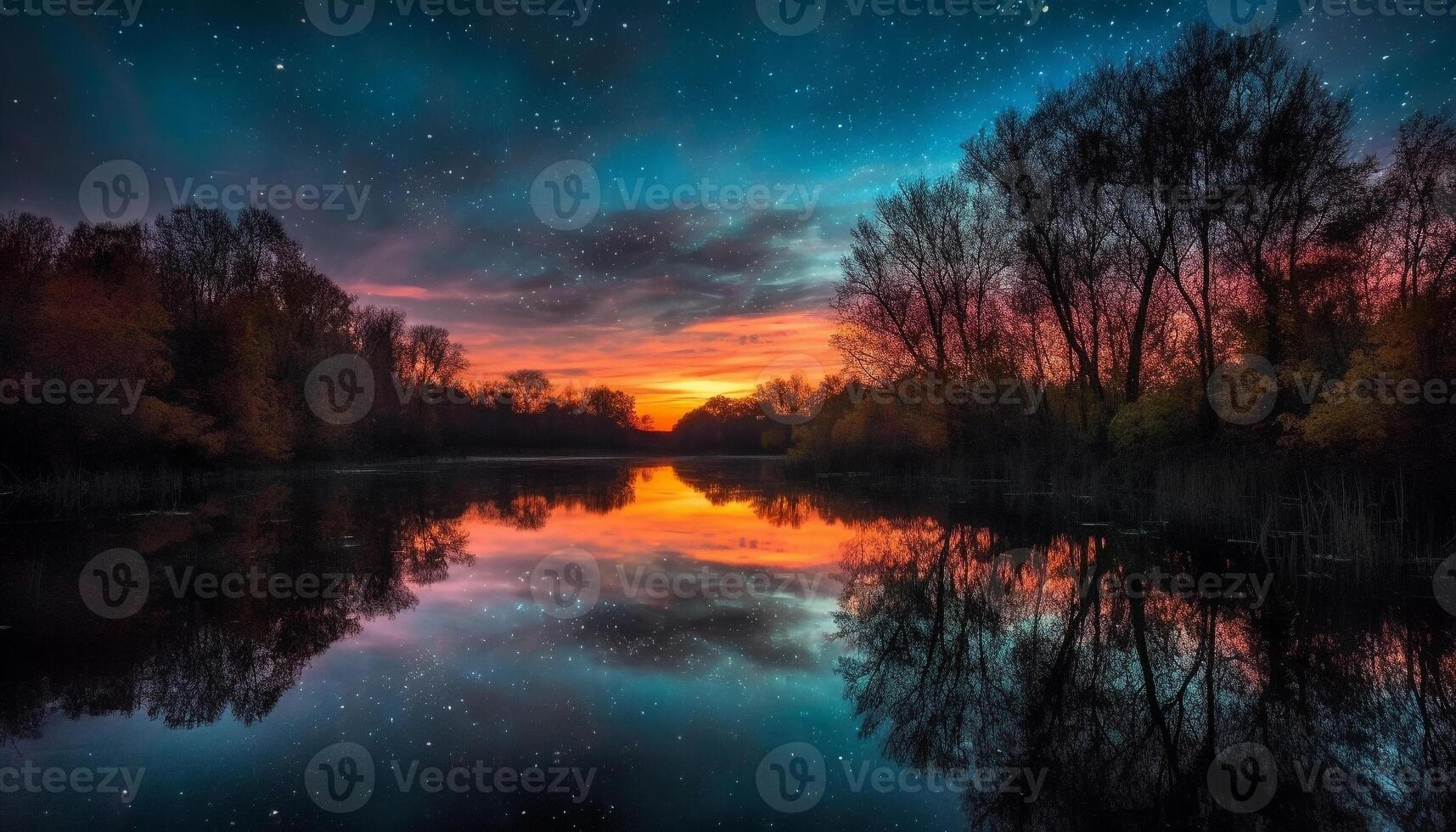 majestätisch Baum spiegelt beschwingt milchig Weg Galaxis generiert durch ai foto