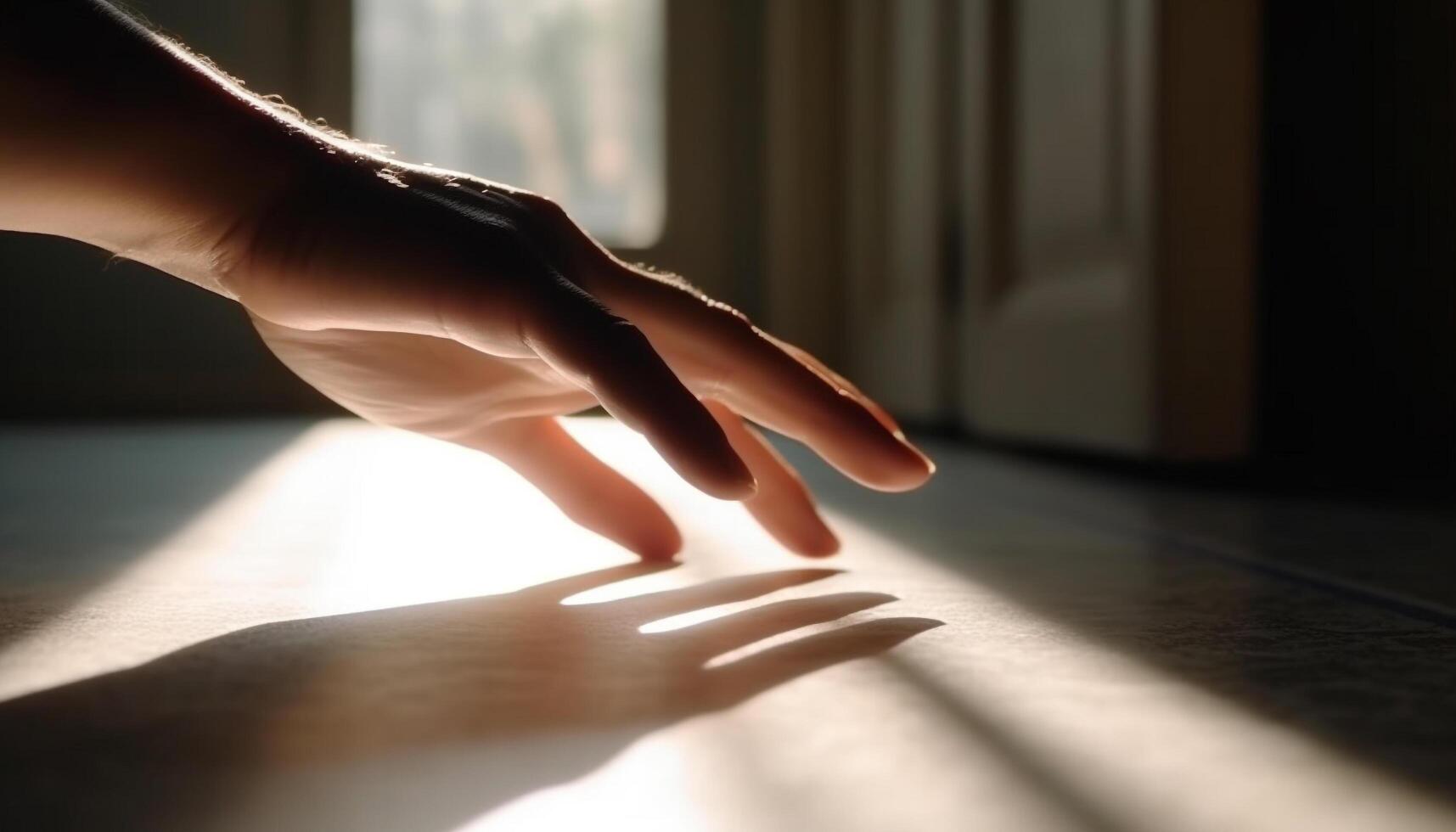 Silhouette von jung Frau halten Hand im Sonnenlicht generiert durch ai foto