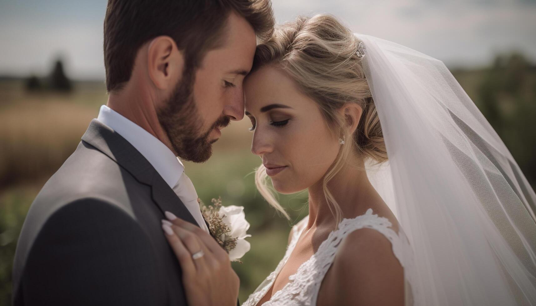 Jungvermählten Umarmung im schön draussen Hochzeit Feier generiert durch ai foto