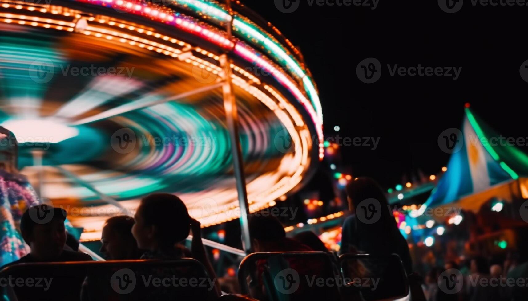 verschwommen Bewegung, Aufregung, Freude Karneval Karussell Spinnen generiert durch ai foto