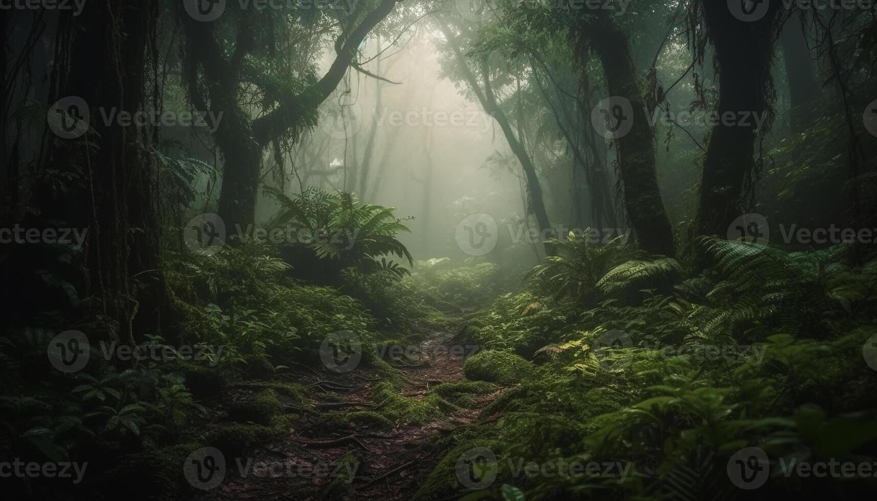 Geheimnis im das gespenstisch tropisch Regenwald beim Nacht generiert durch ai foto