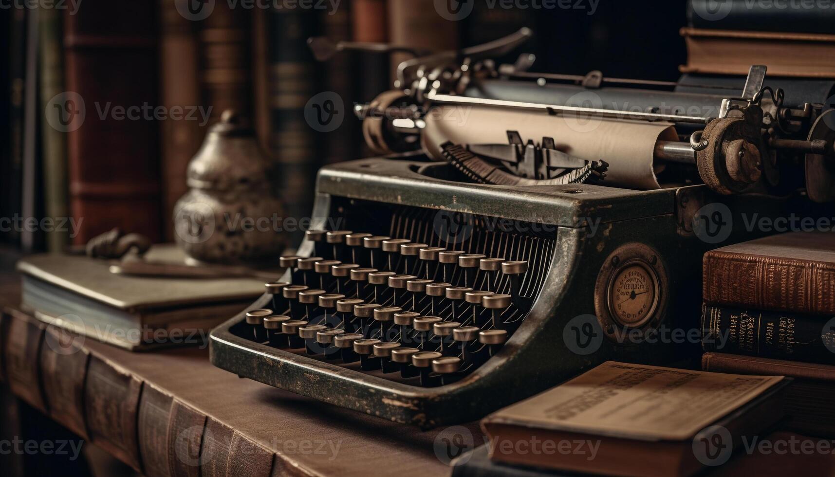 Antiquität Schreibmaschine auf hölzern Tisch, nostalgisch Geschichtenerzählen generiert durch ai foto