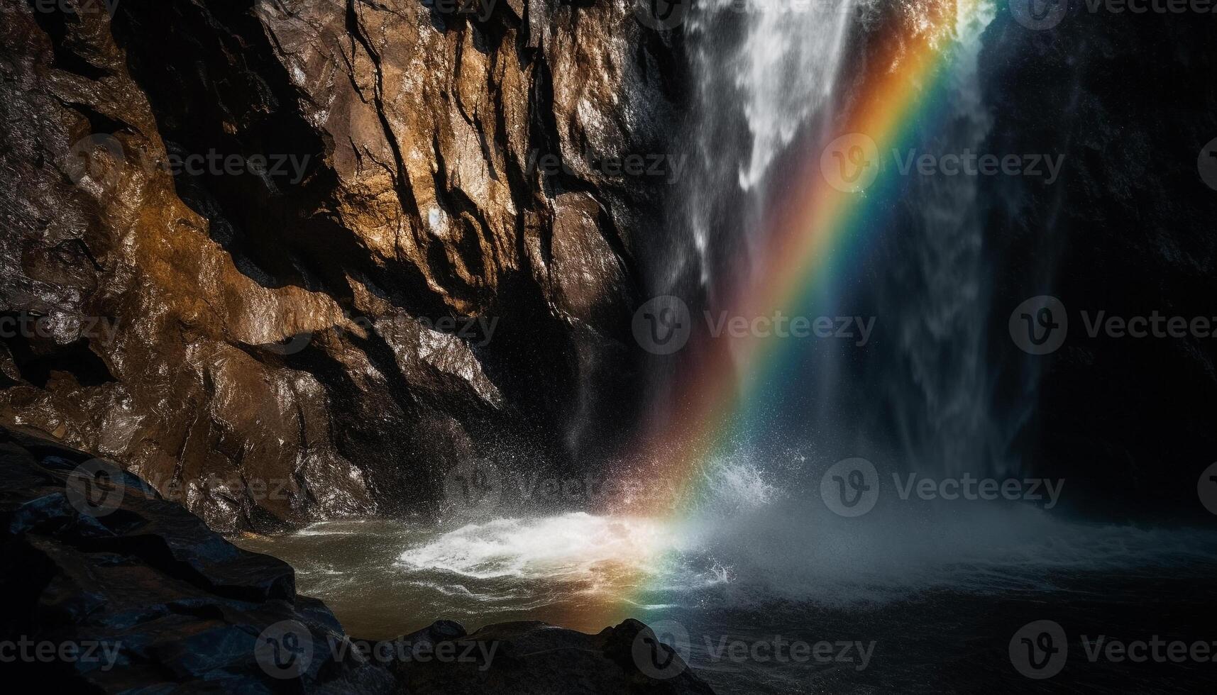 majestätisch Regenbogen Über fließend Wasser im Wald generiert durch ai foto