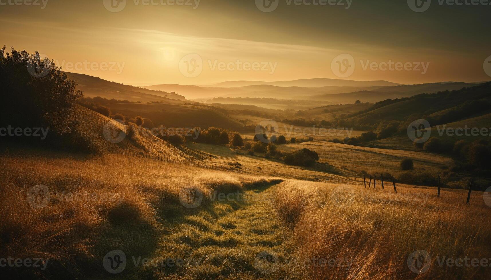 still Sonnenaufgang Über idyllisch Italienisch Landschaft Bauernhaus generiert durch ai foto