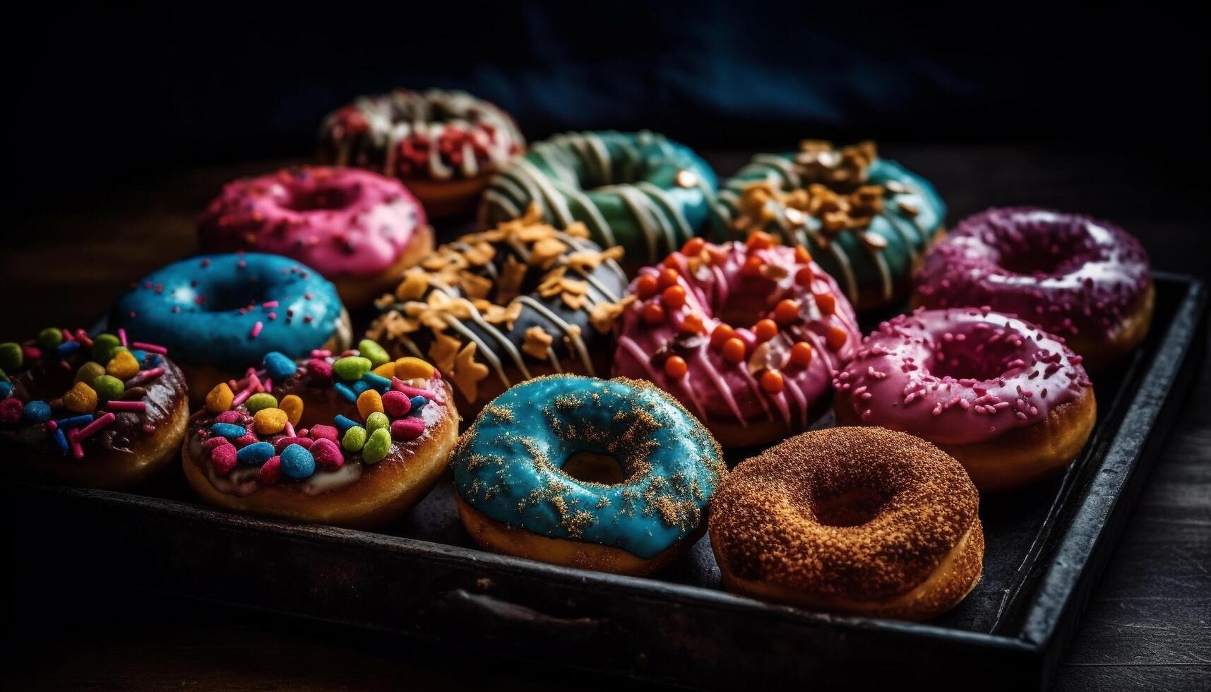 nachsichtig hausgemacht Dessert gebraten Krapfen mit multi farbig Glasur und Erdbeere generiert durch ai foto