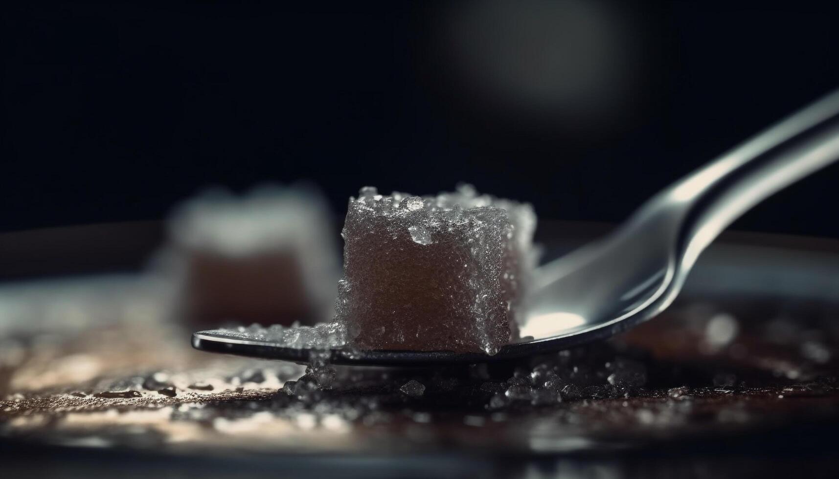 Kristall Zucker Würfel auf Metall Löffel, Salz- und würzen Haufen generiert durch ai foto