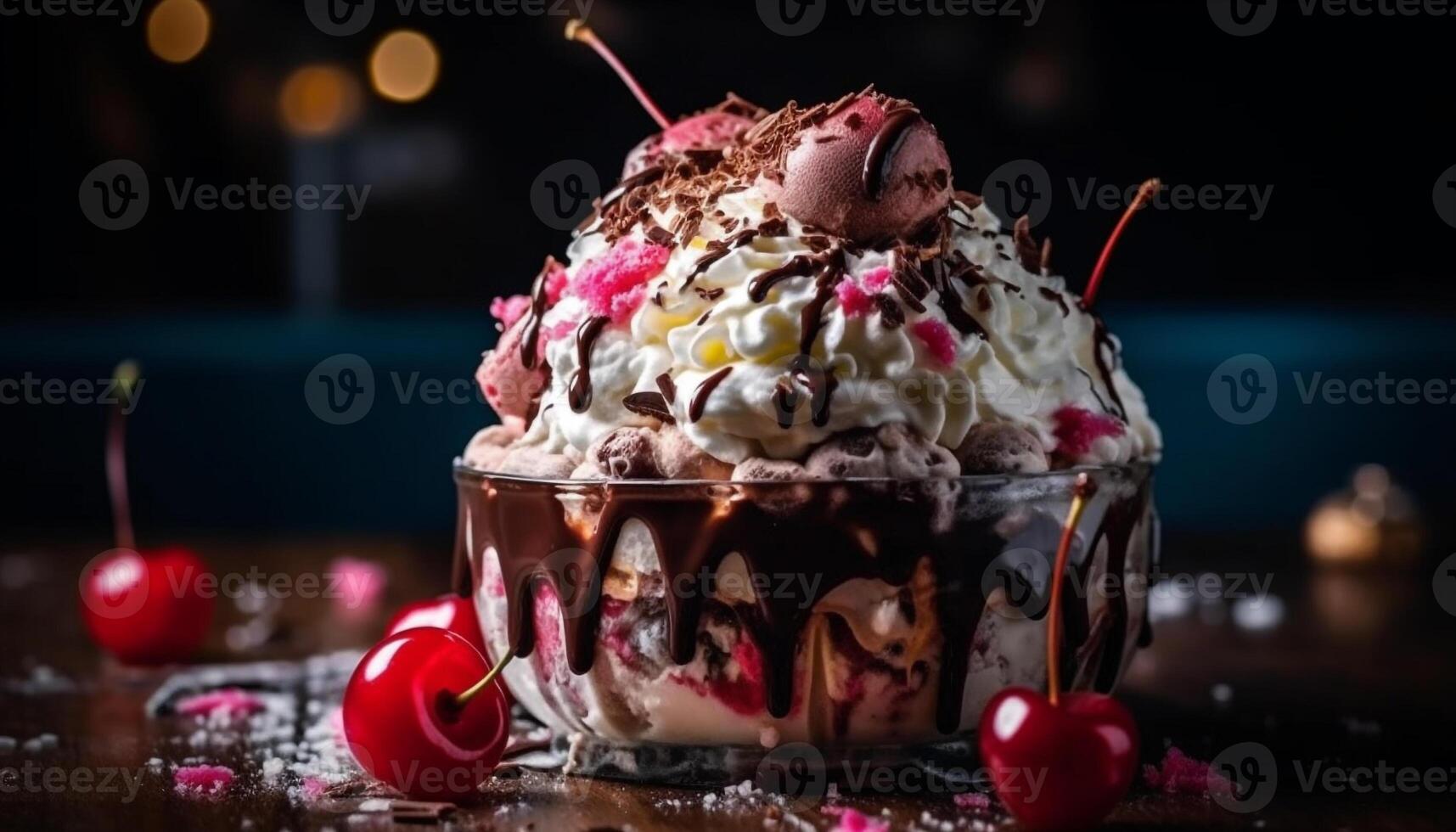 nachsichtig hausgemacht Eis Sahne Eisbecher mit frisch Beeren und Schokolade Soße generiert durch ai foto