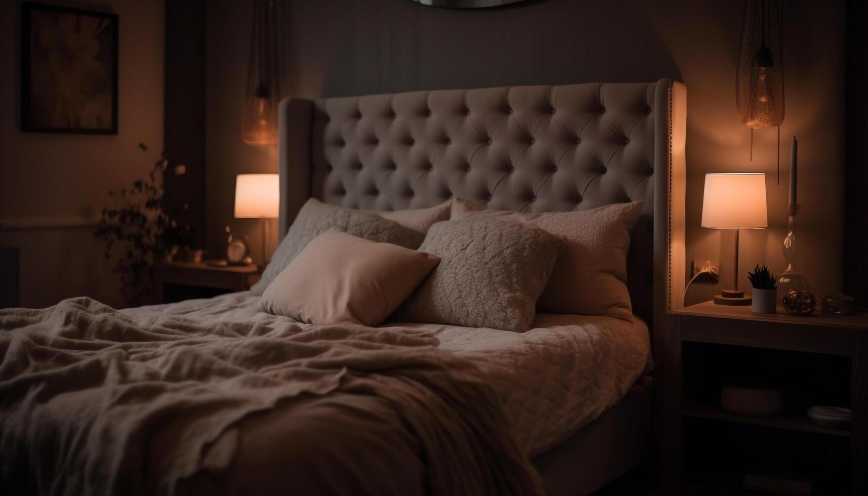 gemütlich modern Schlafzimmer mit komfortabel doppelt Bett und beleuchtet Kopfteil generiert durch ai foto