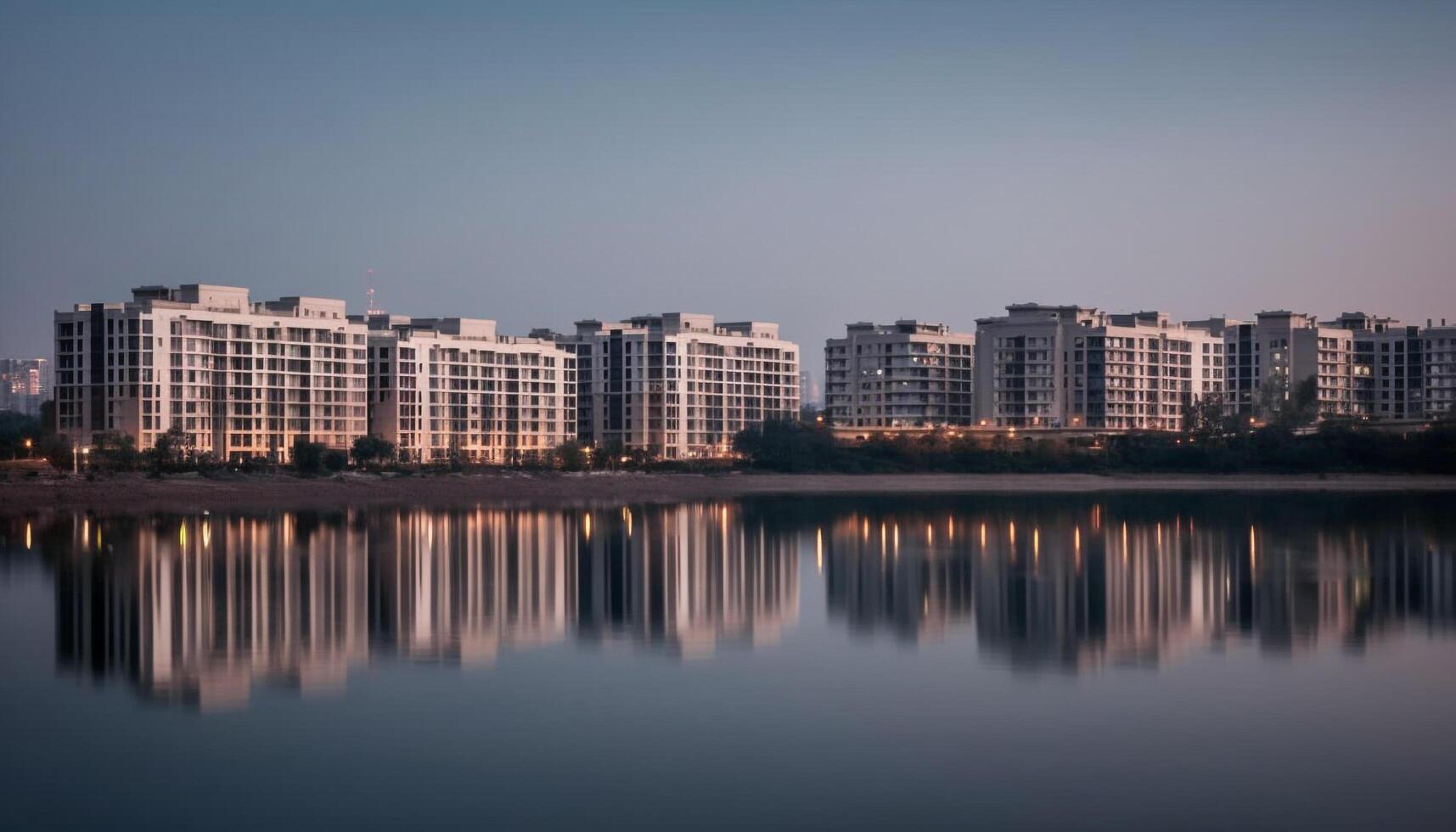 still direkt am Wasser Silhouette beim Dämmerung, modern Stadt Horizont beleuchtet generiert durch ai foto