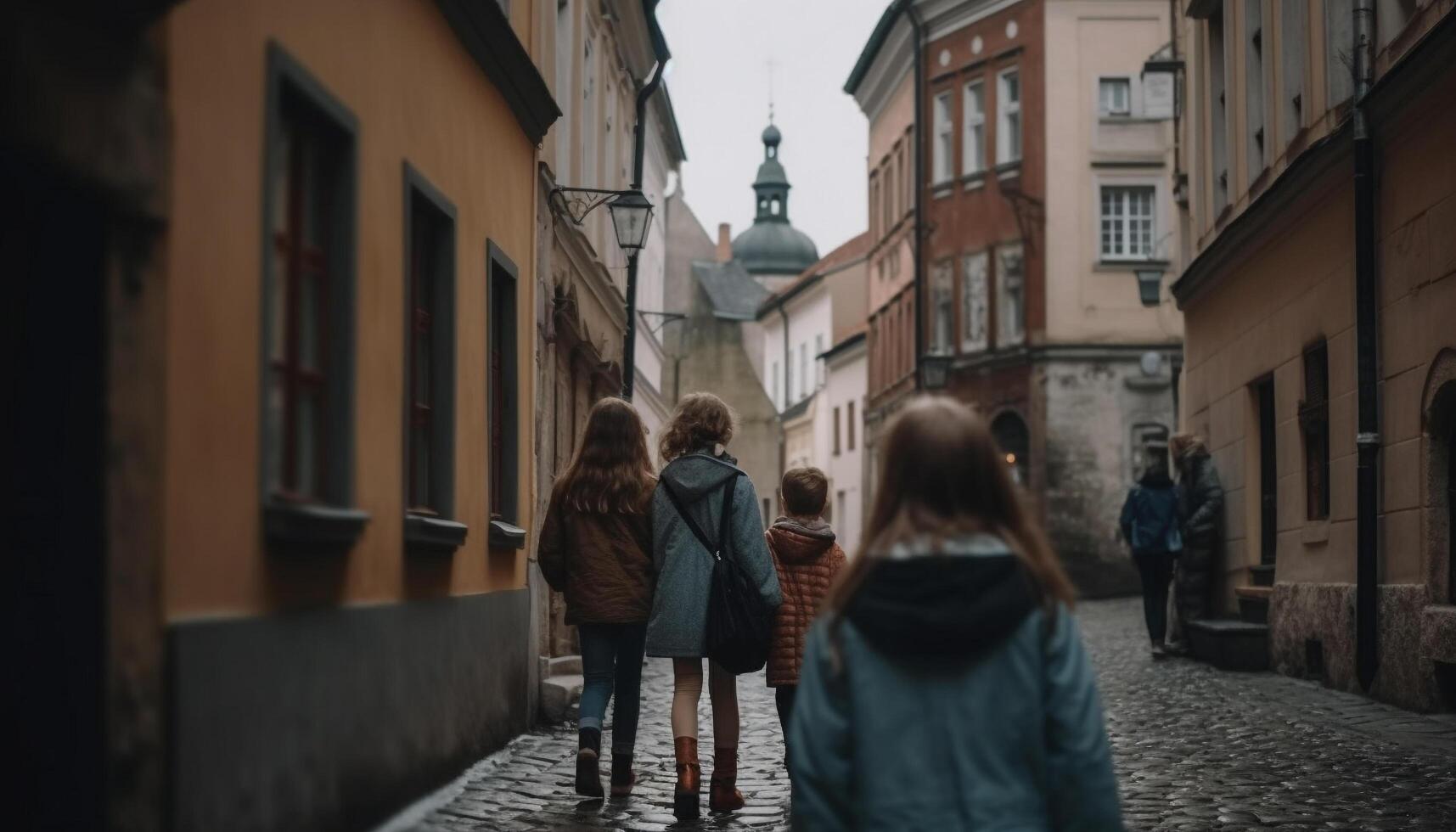 jung Erwachsene Gehen im Stadt, bewundern die Architektur und berühmt setzt generiert durch ai foto