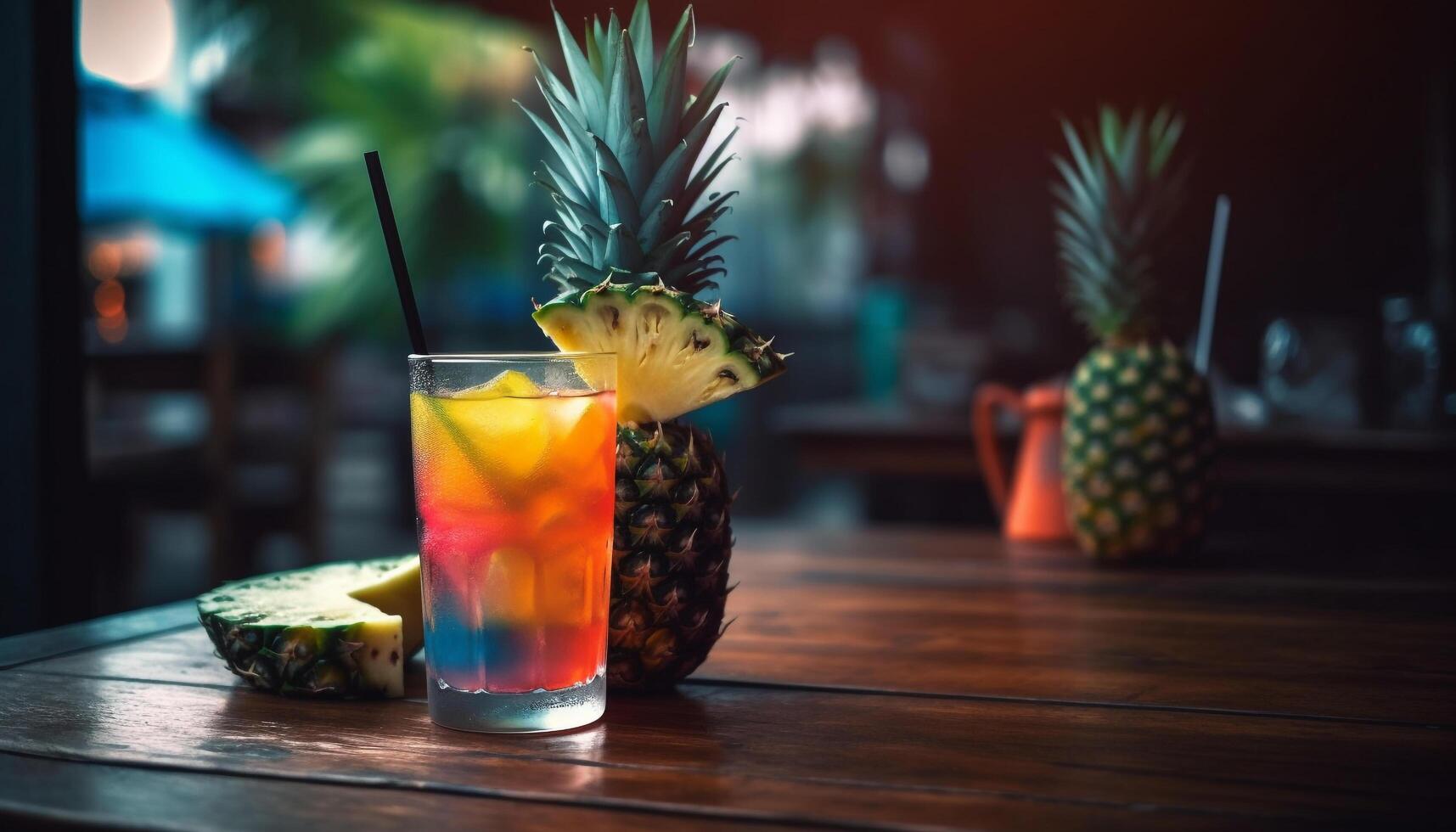 frisch tropisch Cocktail mit Ananas Scheibe, Limette und organisch Obst generiert durch ai foto