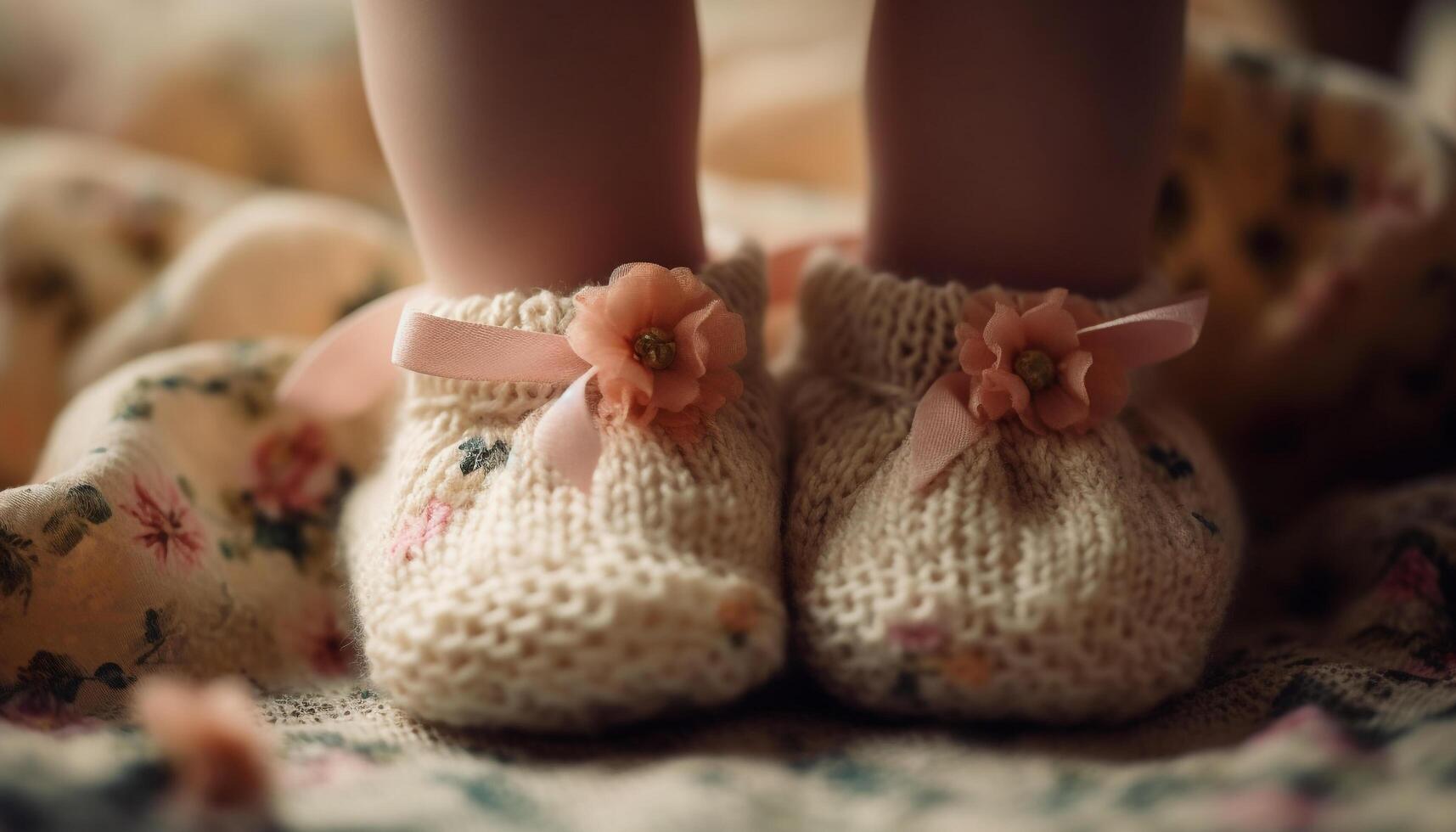 süß Baby Booties im Rosa wolle, perfekt zum Winter Wärme generiert durch ai foto