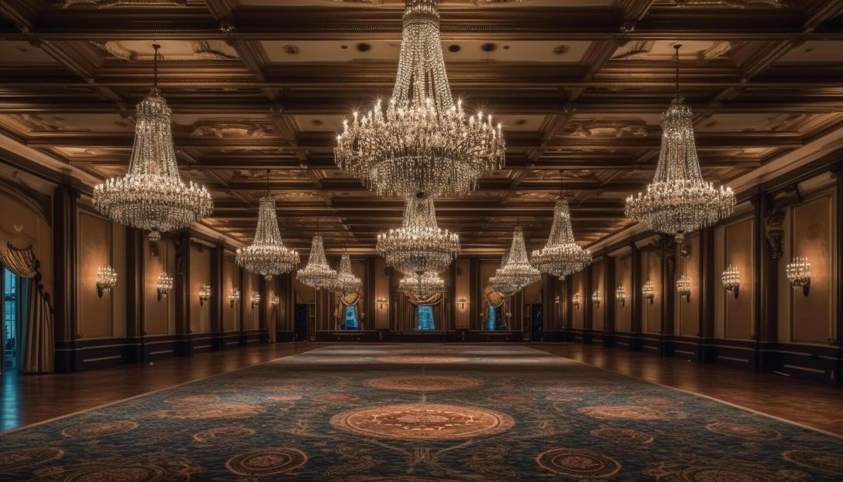 Luxus die Architektur beleuchtet durch Kronleuchter im ein majestätisch Eingang Halle generiert durch ai foto