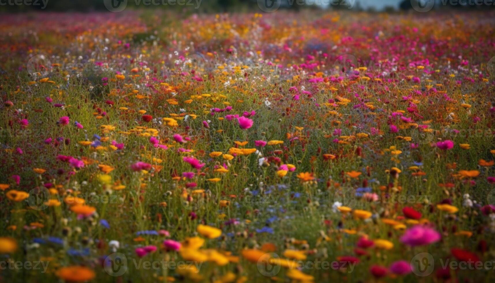 beschwingt Wildblumen blühen im still Wiese beim Dämmerung, Natur Schönheit generiert durch ai foto