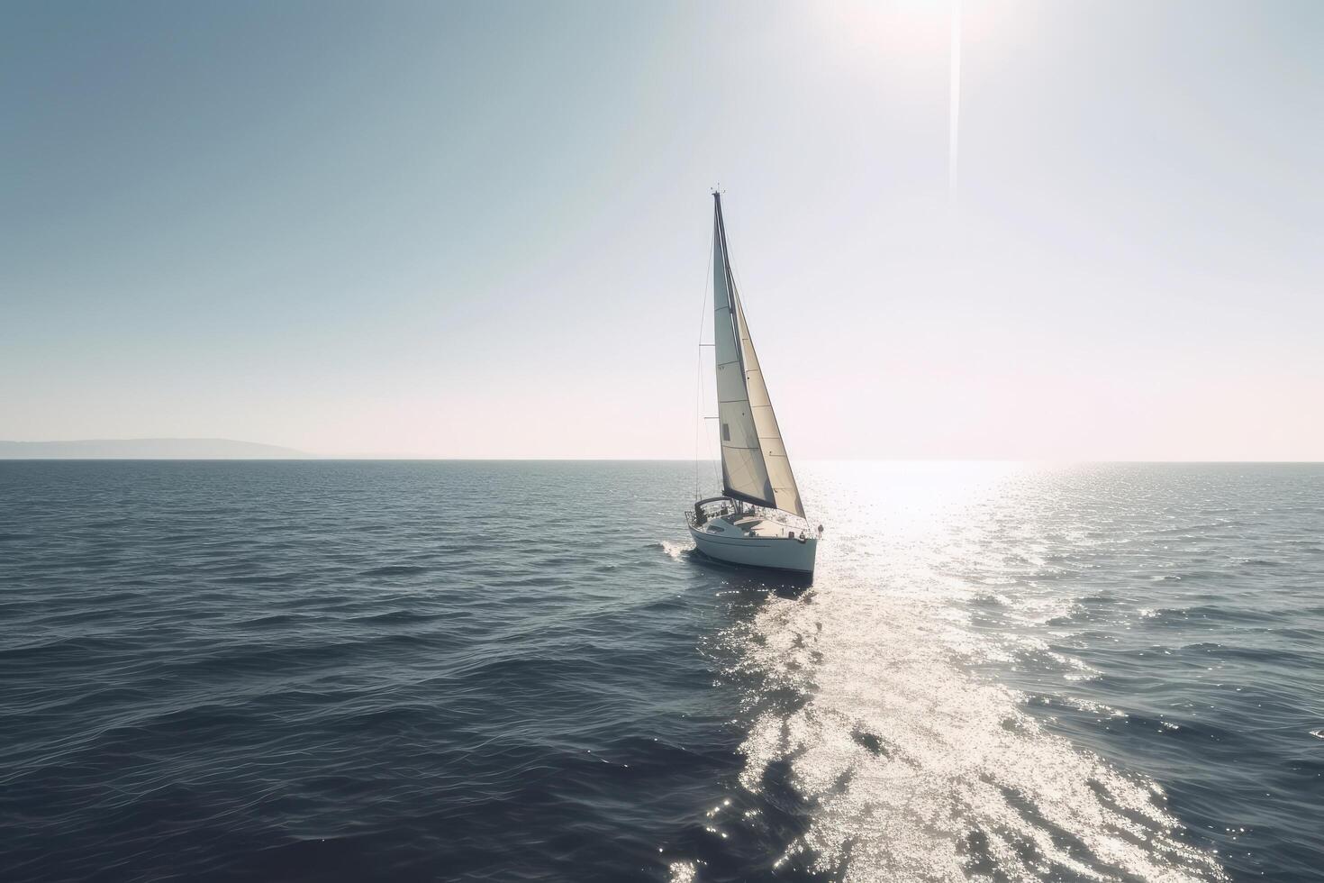 Segeln Yacht im das Meer. 3d machen. Sonnenuntergang. ein klein Yacht anmutig Segeln auf das still Wasser von ein schön Ozean auf ein sonnig Tag, ai generiert foto