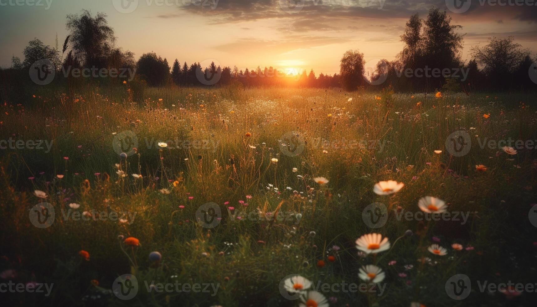 beschwingt Wildblumen blühen im still Wiese beim Sonnenaufgang, idyllisch Szene generiert durch ai foto