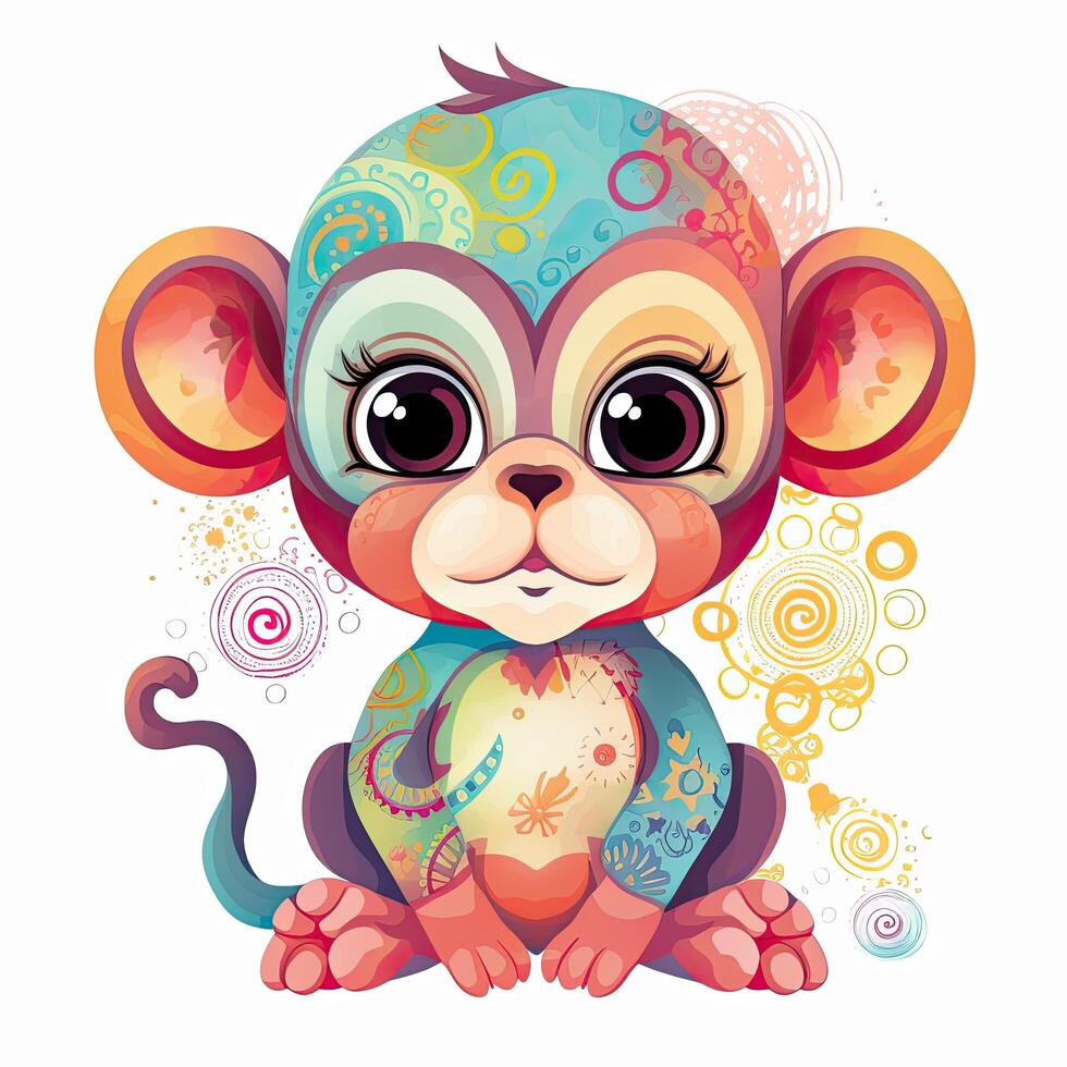 spielerisch Affe Jungtier Illustration. Affe lächelnd auf ein Weiß Hintergrund. süß Baby Affe Illustration mit Blumen. Affe Jungtier Designs mit süß Augen und bunt Pelz zum Färbung Seiten. generativ ai. foto