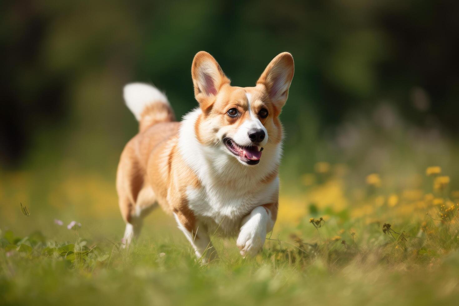 bezaubernd Walisisch Corgi Pembroke Hund Laufen im das Gras ai generiert foto