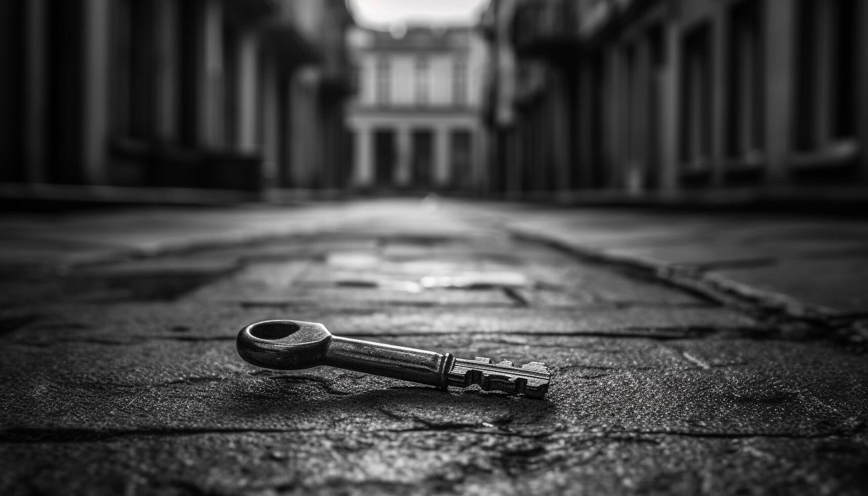 Metall Schlüssel entsperrt alt gestaltet Tür im schwarz und Weiß generiert durch ai foto