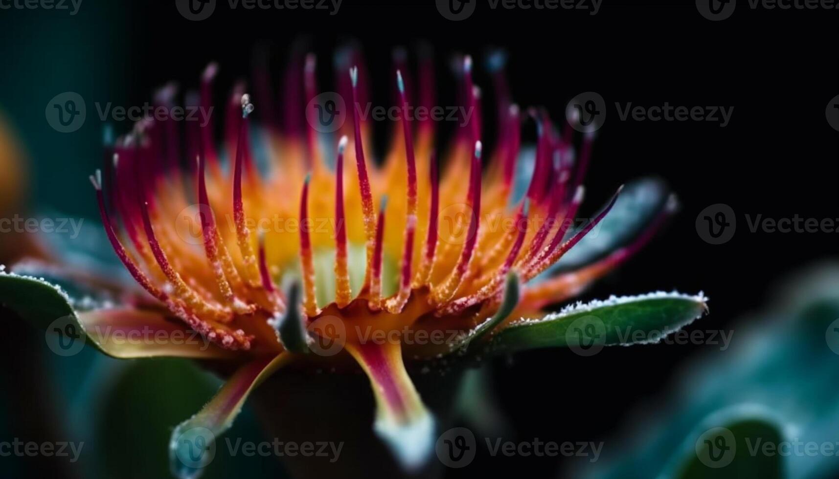 beschwingt Gerbera Gänseblümchen Blüte, Fokus auf Staubblatt, extrem schließen oben generiert durch ai foto