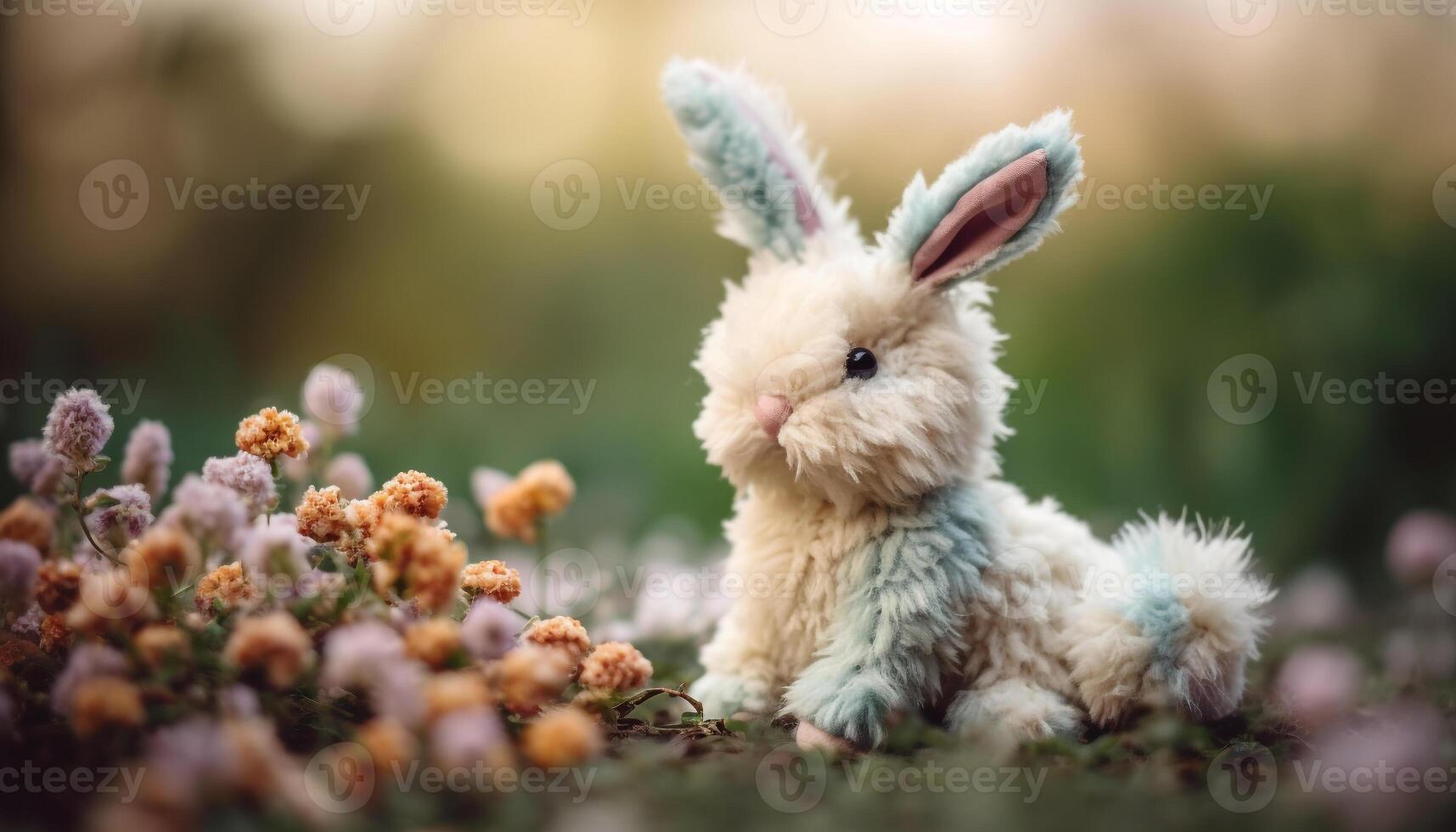 flauschige Baby Hase Sitzung im Grün Wiese, genießen Sonnenlicht generiert durch ai foto