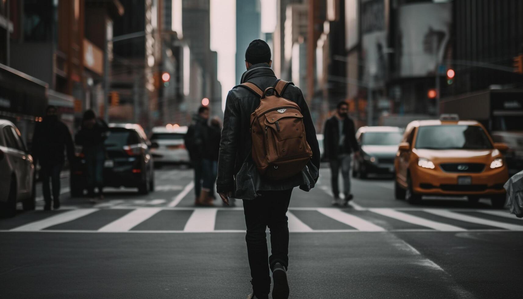 einer Person Gehen im eilen Stunde Verkehr, Stadt Leben Bewegung generiert durch ai foto