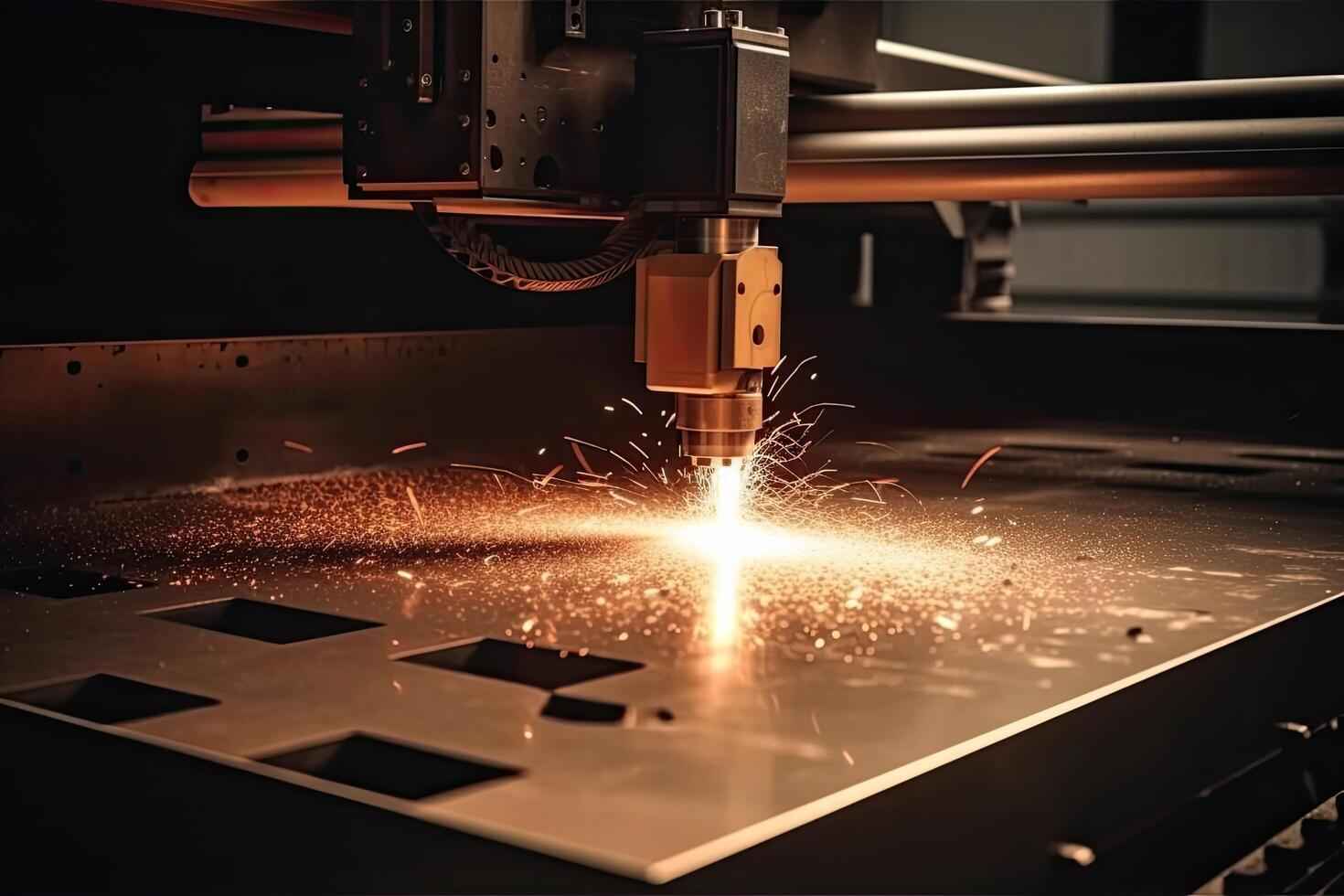 das Ballaststoff Laser- Schneiden Maschine Schneiden das Blatt Metall mit das Funken Licht. Laser- cnc Maschine Schneiden aus ein Metall Teller im ein Herstellung Einrichtung, mit Funken fliegend, ai generiert foto