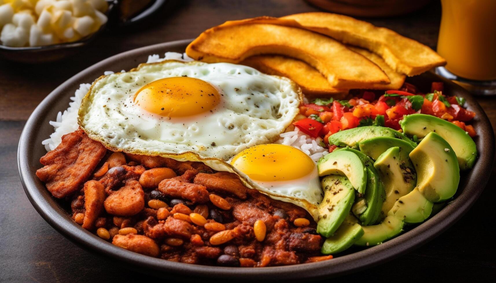 frisch gekocht Gourmet Mahlzeit mit gegrillt Schweinefleisch und gebraten Ei generiert durch ai foto