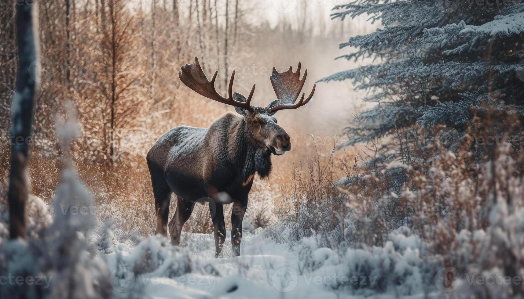 gehörnt Hirsch weidet im still Winter Wildnis, alberta Berg Landschaft generiert durch ai foto