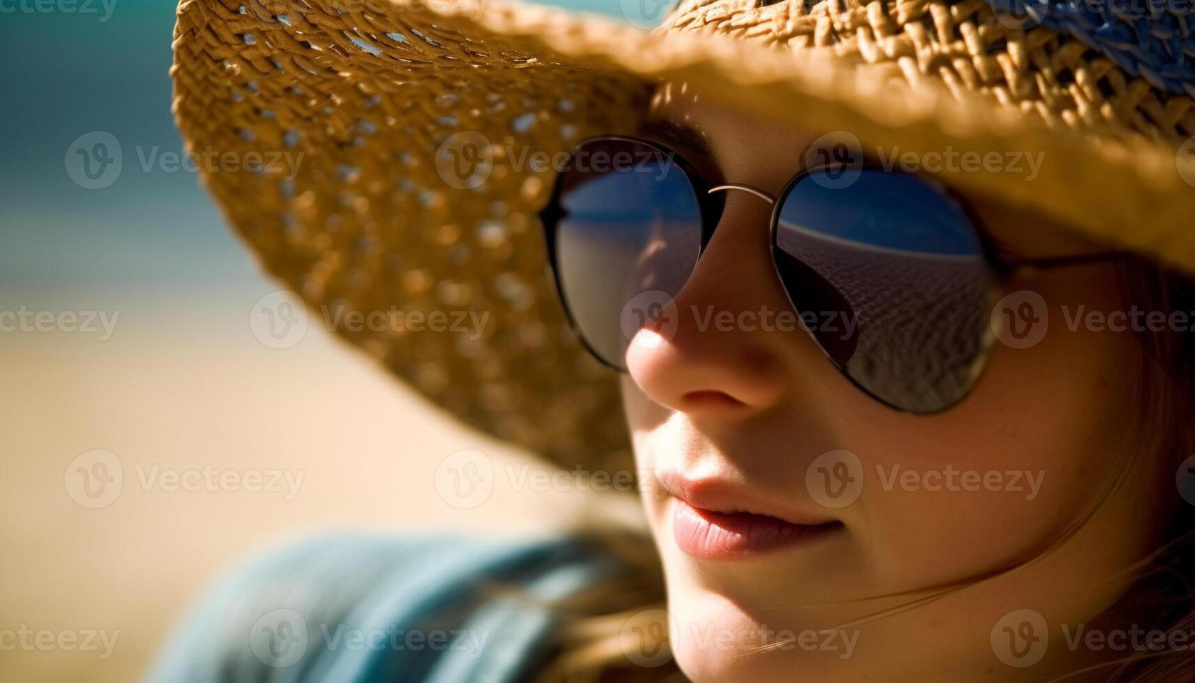 einer jung Frau, im Sonnenbrille, lächelnd auf ein Sommer- Ferien generiert durch ai foto