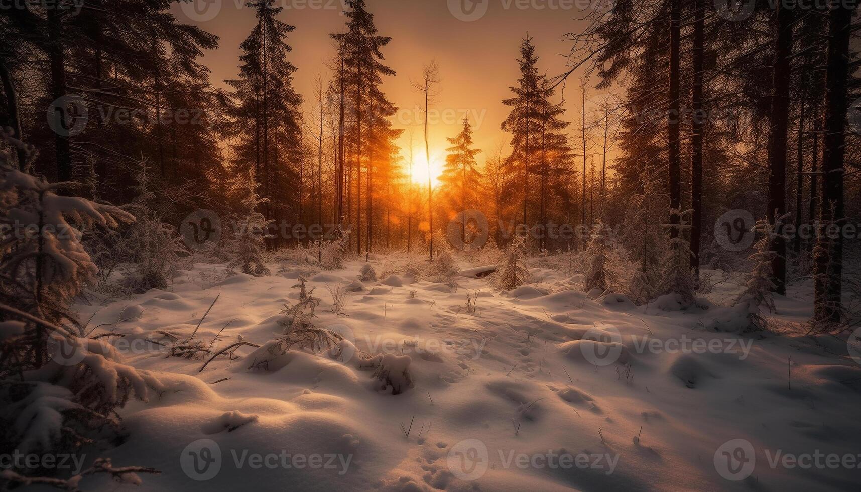 still Szene von Winter Wald, zurück zündete durch Sonnenuntergang Sonnenlicht generiert durch ai foto